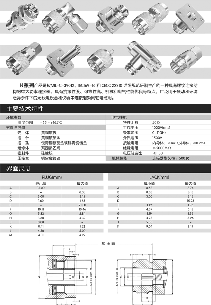 N系列产品是按MIL-C-39012、IEC169-16 和 CECC 22210 详细规范研制生产的一种具有螺纹连接结构的中大功率连接器，具有抗振性强、可靠性高、机械和电气性能优良等特点，广泛用于振动和环境恶劣条件下的无线电设备和仪器中连接射频同轴电缆用。