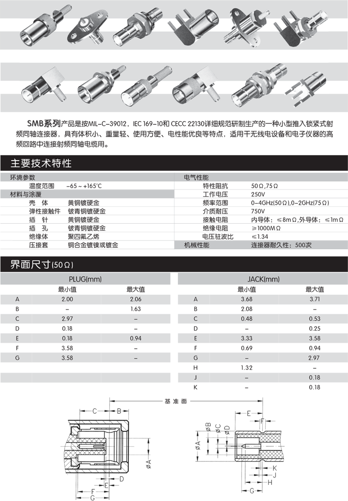 SMB系列射频同轴连接器(SMB系列产品是按MIL-C-39012，IEC 169-10和 CECC 22130详细规范研制生产的一种小型推入锁紧式射频同轴连接器，具有体积小、重量轻、使用方便、电性能优良等特点，适用干无线电设备和电子仪器的高频回路中连接射频同轴电缆用。)