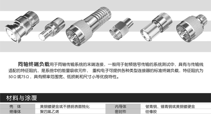 同轴终端负载用于同轴传输系统的末端连接，一般用于射频信号传输的系统测试中，具有与传输线适配的特征阻抗，是系统中的能量吸收元件，上海重构电子可提供各种类型连接器的标准终端负载，特征阻抗为50Ω或75Ω，具有频率范围宽、低损耗和尺寸小等优良特性。
